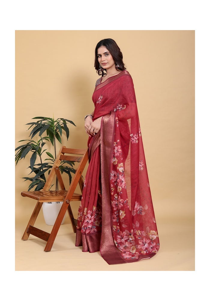 Malishka Export Rich Maroon Floral Print Saree for Women - Image 2
